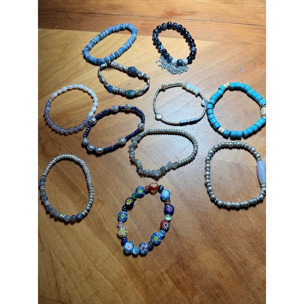Lot of 11 Beaded Stretch Bracelets – Mixed Gemstone, Glass, and Ceramic